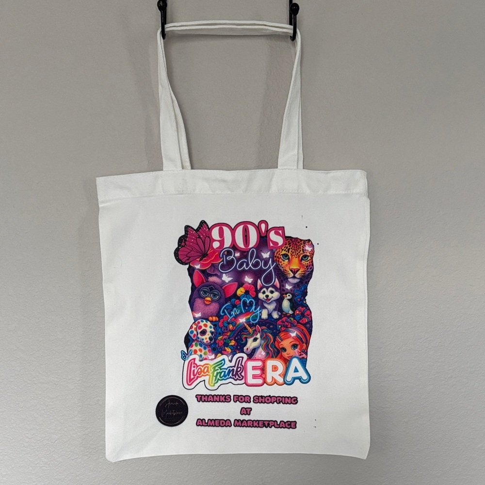 90’s Baby In My Lisa Frank Era White Cotton Canvas Tote Colorful 90's Design